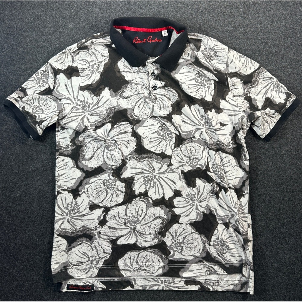 Robert Graham Mens XL Floral Polo Shirt Charcoal White Classic Fit Cotton